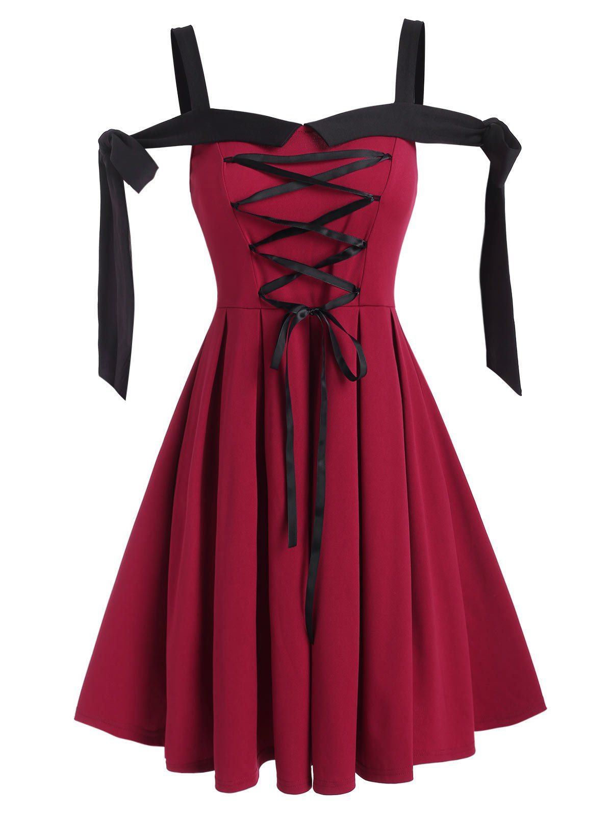 Cold Shoulder Knot Lace-up Front Pleated Dress - RED WINE L