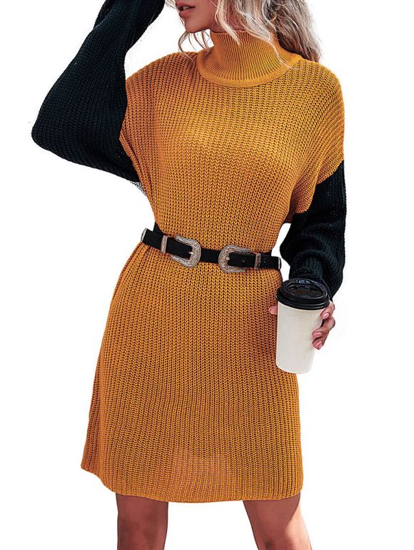 Drop Shoulder Color Blocking High Neck Sweater Dress - multicolor L