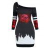 Robe Fourreau d'Halloween à Carreaux à Imprimé Lune et Forêt à Col Oblique - Noir M