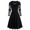 Robe Drapée Fleur en Dentelle Insérée à Manches Longues - Noir 2XL