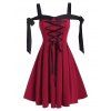 Cold Shoulder Knot Lace-up Front Pleated Dress - RED WINE M