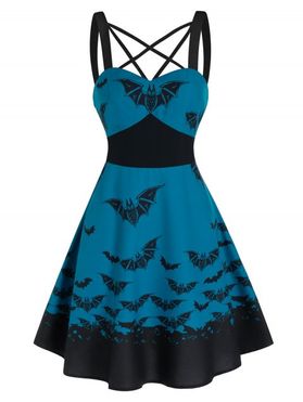 Halloween Bat Print Criss Cross High Waisted Cami Dress