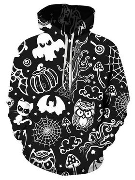 Halloween Owl Pumpkin Print Pullover Drawstring Hoodie