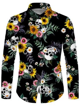 Skull Sunflower Print Button Up Shirt