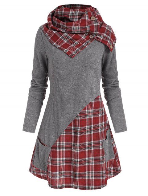 Plaid Insert Pocket Knitwear with Button Scarf