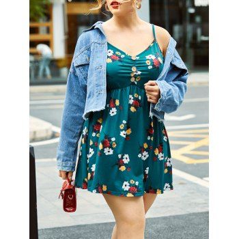 

Floral Ruched Mock Buttons Plus Size Cami Top, Deep green