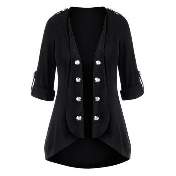 

Plus Size Roll Up Sleeve Open Front Mock Button Cardigan, Black