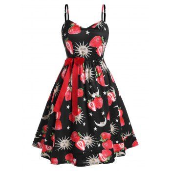 

Plus Size Strawberry Sun and Moon Print Bowknot Dress, Black