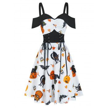 

Halloween Pumpkin Animal Print Lace Up Ruched Midi A Line Dress, White