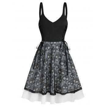 

Lace Up Skull Pattern Lace Cami A Line Dress, Black