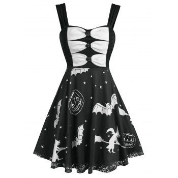 

Gothic Vintage Halloween Dress Bowknot Pumpkin Bat Print Fit and Flare Cami A Line Dress, Black