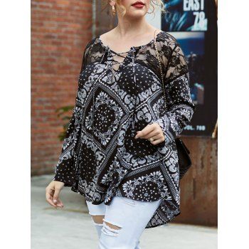 

Plus Size Bandana Print Lace-up Lace Insert Blouse, Black