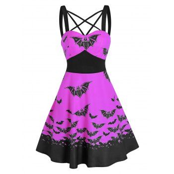 

Front Strappy Bat Print High Waist Mini Cami Dress, Tyrian purple