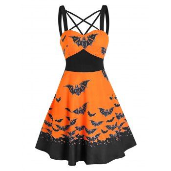 

Front Strappy Bat Print High Waist Mini Cami Dress, Halloween orange