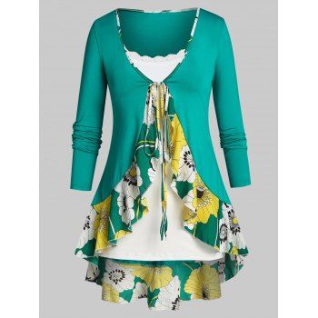 

Plus Size Flower Flounce Tie Blouse and Lace Panel Cami Top Set, Light sea green