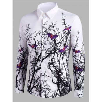 

Halloween Tree Bats Print Button Up Shirt, White