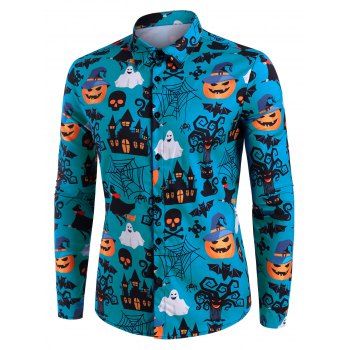 

Halloween Castle Pumpkin Skull Print Button Up Shirt, Blue