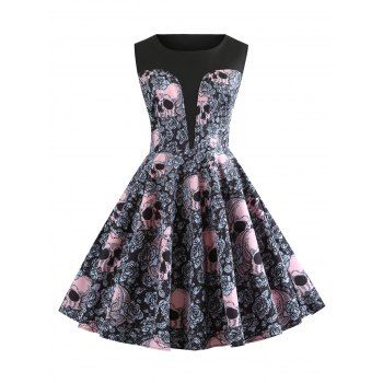 

Halloween Skulls Flower Fit and Flare Vintage Dress, Light pink