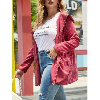 

Plus Size Corduroy Hooded Zip Drawstring Waist Jacket, Red wine