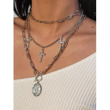 

3Pcs Cross Rhinestone Engraved Pendant Necklace Set, Silver