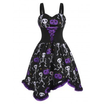 

Lace-up Halloween Skull Pumpkin Lace Panel Dress, Dark violet