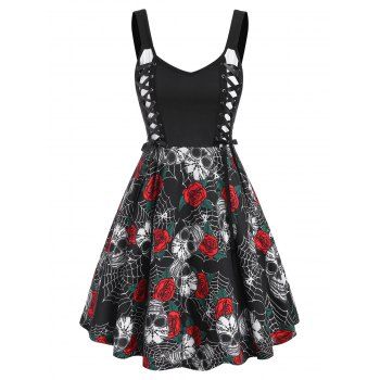 

Halloween Spider Web Skull Flower Lace Up Dress, Black