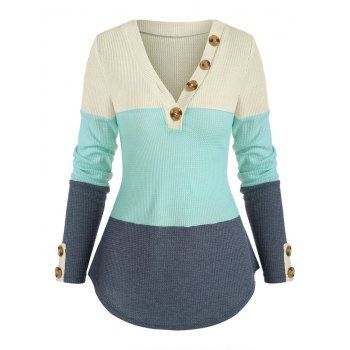 Image of Colorblock Buttons V Neck Knitwear
