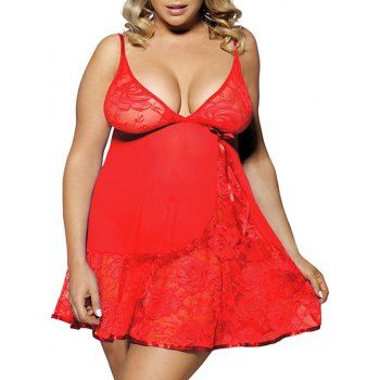 

Plus Size Lace Panel Mesh Bowknot Babydoll Set, Red