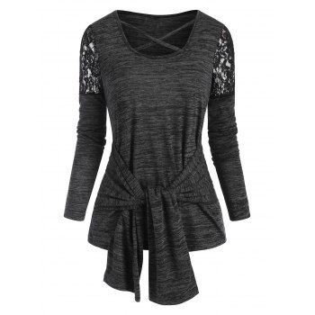 

Lace Insert Crisscross Belted Heather T-shirt, Gray
