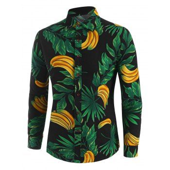 

Leaf Banana Print Button Up Leisure Shirt, Deep green