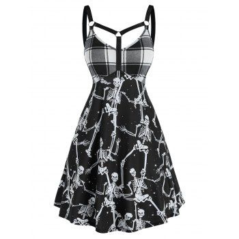 

Gothic Skeleton Plaid Print O Ring Dress, Black