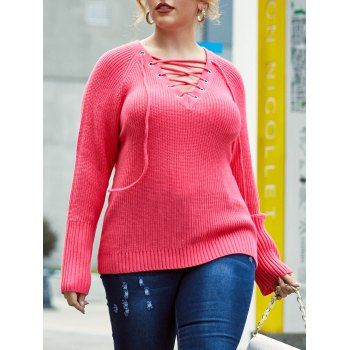 

Plus Size Grommet Lace-up Raglan Sleeve Sweater, Light pink