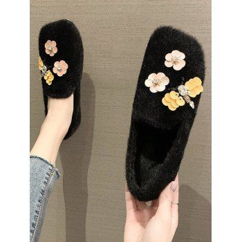 

Flower Pattern Plush Flat Shoes, Black
