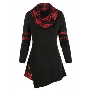 

Plaid Print Mock Button Asymmetrical T-shirt, Black