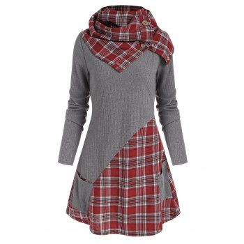 

Plaid Insert Pocket Knitwear with Button Scarf, Deep red