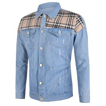 

Plaid Patch Ripped Flap Pocket Jean Jacket, Light blue