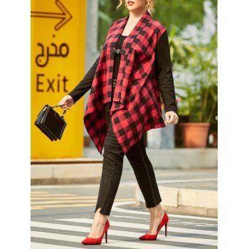 

Plaid Buckle Front Shawl Collar Plus Size Coat, Red