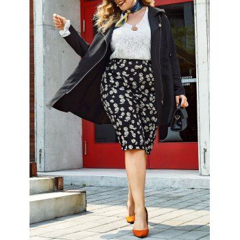 

Plus Size Zip Up Turndown Collar A Line Coat, Black