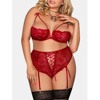 

Plus Size Lace Peek A Boo Gartered Bra Set, Deep red