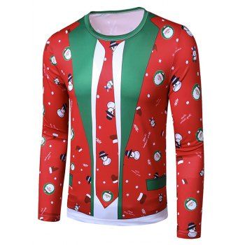 

Christmas Santa Snowman Faux Suit Print Slim Crew Neck T Shirt, Red