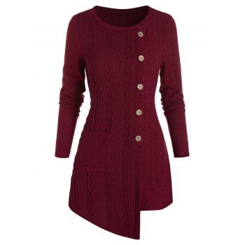 

Plain Mock Button Pocket Asymmetric Knitwear, Red wine