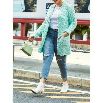 

Plus Size Pockets Boucle Knit Cardigan, Light green