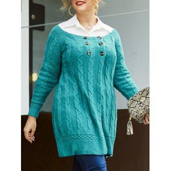 

Plus Size Cable Knit Mock Button Long Sweater, Light blue