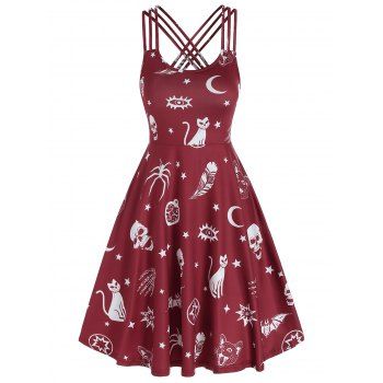 

Skull Animal Print Cami Gothic A Line Dress, Red wine