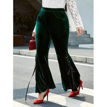 

Plus Size Velvet Lace-up Pocket Flare Pants, Deep green
