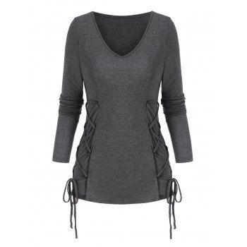 

Casual Two Sides Lace Up V Neck T Shirt, Dark gray