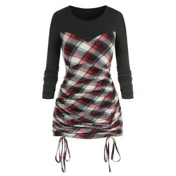 

Plus Size Plaid Print Drawstring T Shirt, Black