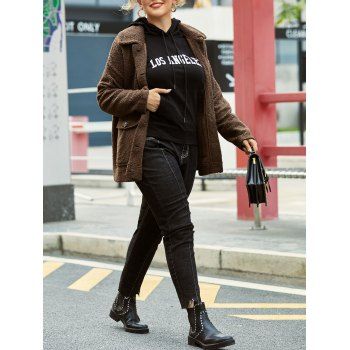 

Plus Size Pocket Drop Shoulder Teddy Jacket, Brown bear