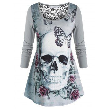 

Plus Size Halloween Skull Butterfly Print Lace Insert T-shirt, Light gray