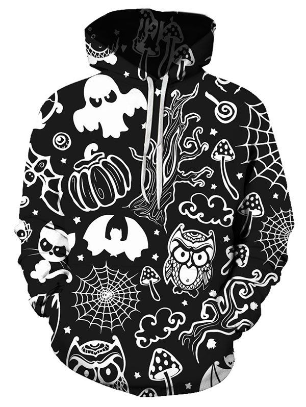 Halloween Owl Pumpkin Print Pullover Drawstring Hoodie - multicolor S